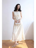 Women'S Elegant Lace Maxi Dress, Sleeveless Tea Dress with Qipao-Inspired Details for Formal Events And Evening Wear