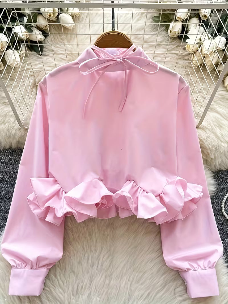 Short-sleeve Long-length Shirt with Lapel and Three-dimensional Lace Floral Ribbon Top