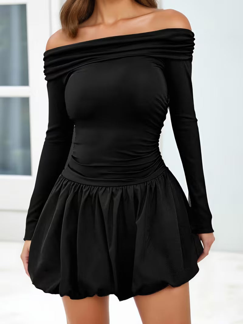 Women Off the Shoulder Mini Dress Solid Color Long Sleeve Bubble Hem Ruched Bodycon Dress