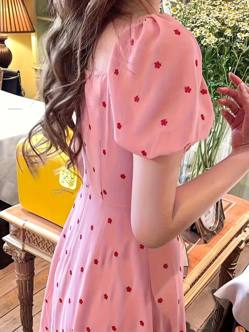 Embroidered Square Collar Lace Up Bubble Sleeve Dress for Women'S Summer New Sweet Waist Mid Length Dress
