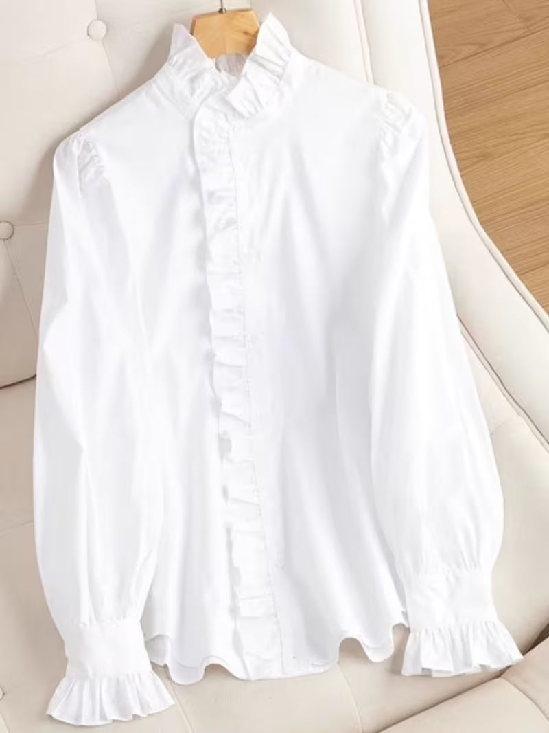 Women' French Elegant Korean Style Blouse Shirt - White Lace Collar & Ruffle Trim Blouse, Spring Summer Long Sleeve Blouse