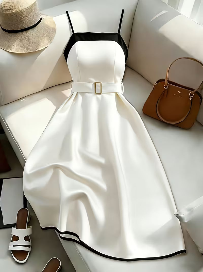 Women'S Spring Summer Black And White Contrast Midi Dress, Spaghetti Strap Dress, Women'S Contrast Dress