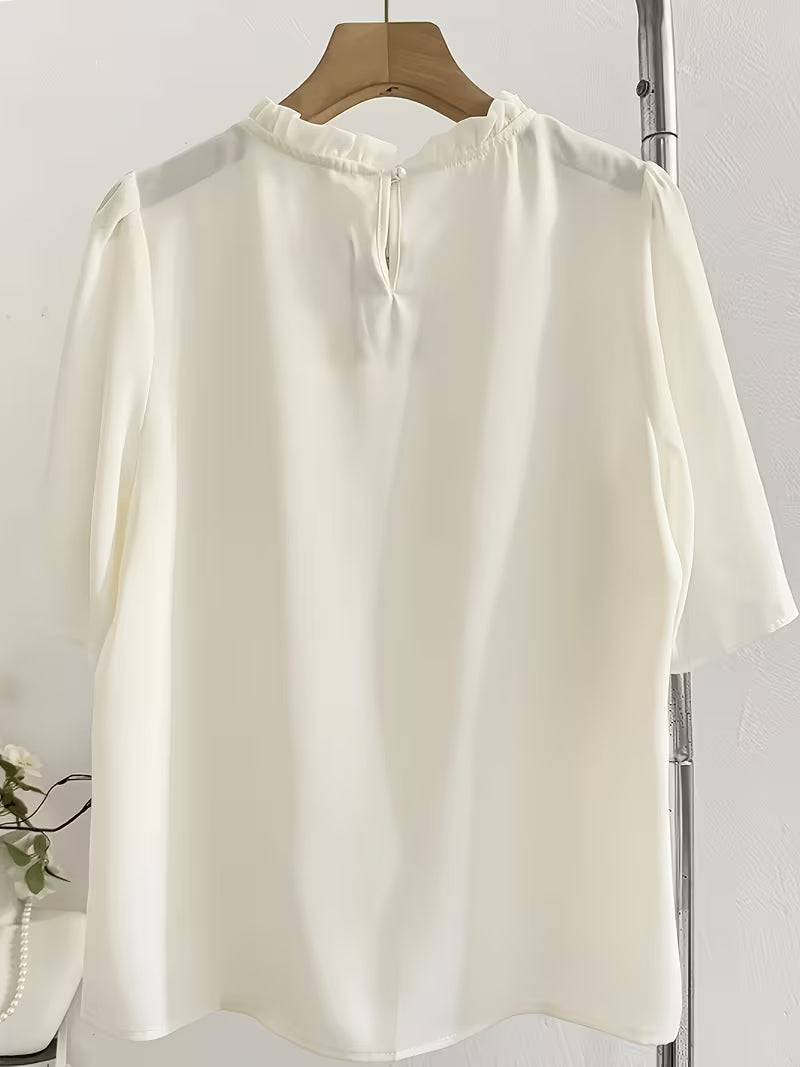 Summer New French Mushroom Stand-Up Collar Short Sleeve Satin Shirt Design Sense 3D Floral Age-Reducing Temperament Chiffon Top