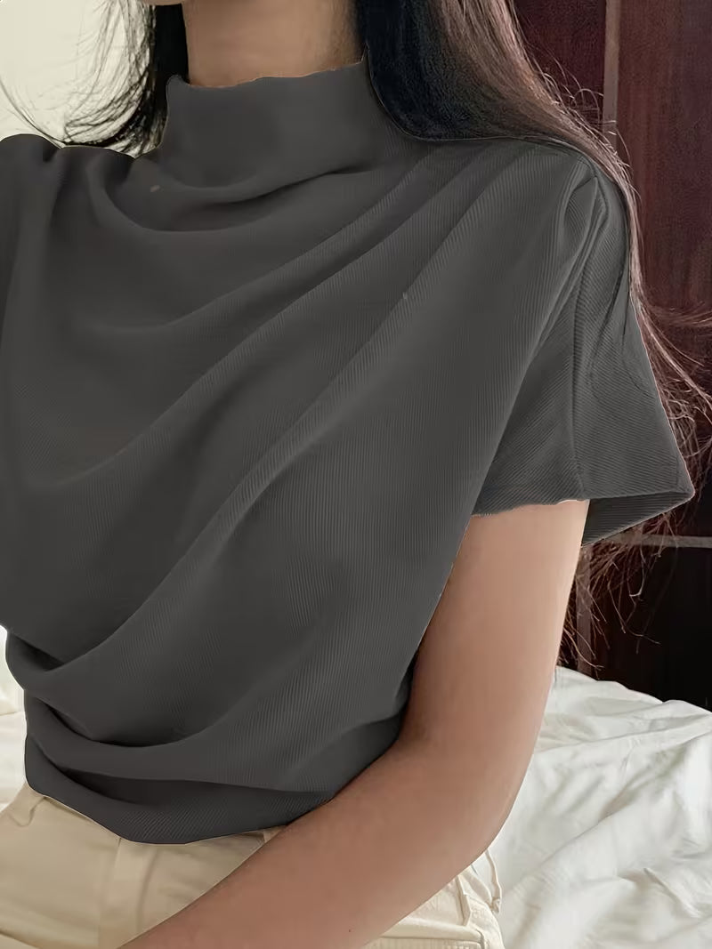 Women's French-Style Asymmetrical Pleated Semi-High Neck T-Shirt, Elegant and, New Summer Style, Chic Short-Sleeve Top