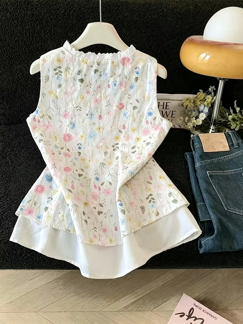 French-Style Floral Print Sleeveless Vest for Women, Summer Lace Trim Waist-Cinching Drawstring Irregular Hem Gentle Cropped Top