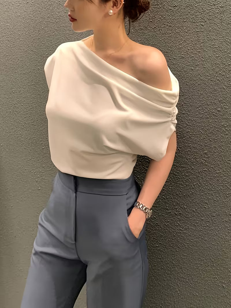 Summer New Niche Irregular Off-shoulder Design Solid Color Pullover Short-sleeve T-shirt