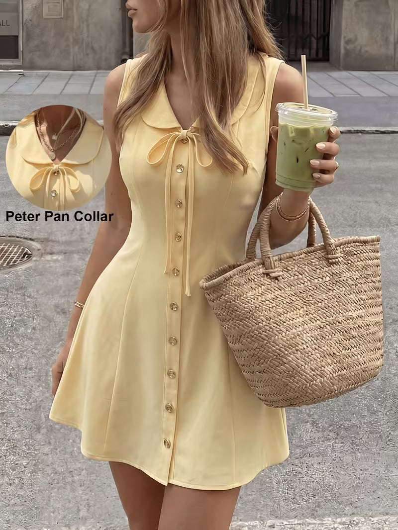 Women's New Summer French-Style Elegant Casual Solid Color Lapel Tie-Front Short Sleeveless Dress